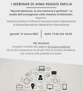 Webinar con AIMA Reggio Emilia su “Macché demenza, la mia memoria è perfetta! Lo studio dell’anosognosia nella malattia di Alzheimer”