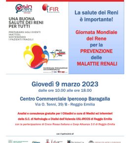 Giornata mondiale del Rene: prevenzione gratuita il 9 marzo al Centro Commerciale