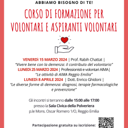 Nuovo corso di formazione per volontari volontari di AIMA Associazione Italiana Malattia di Alzheimer Reggio Emilia
