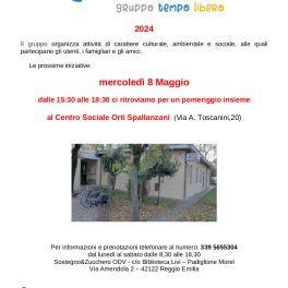 L'8 maggio un pomeriggio in compagnia con il gruppo Tempo Libero di Sostegno &amp; Zucchero