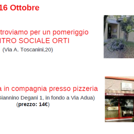 Il 16 ottobre pomeriggio in compagnia e pizza con il gruppo Tempo Libero di Sostegno &amp; Zucchero