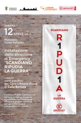 Scandiano aderisce alla campagna nazionale "R1PUD1A" di Emergency. Sabato 12 aprile il grande striscione, poi l'incontro con Simonetta Gola