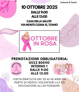 Toano, il 10 ottobre 2025 le visite senologiche gratuite in collaborazione con Lilt Reggio Emilia