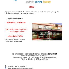 Sabato 17 gennaio 2026 pizza in compagnia con il gruppo Tempo Libero di Sostegno &amp; Zucchero