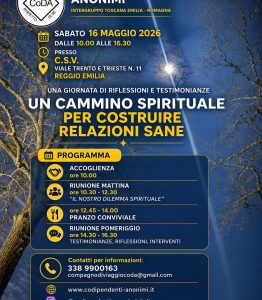 "Un cammino spirituale per costruire relazioni sane" con l'intergruppo Emilia-Romagna – Toscana di CoDa, l’associazione Codipendenti Anonimi